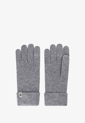Pair of gray knitted gloves with folded cuffs, one cuff featuring a small fabric tag with a black emblem.