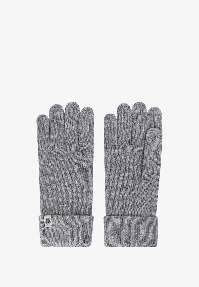 Ein Paar graue Strickhandschuhe mit umgeschlagenen Bündchen, wobei eines der Bündchen ein kleines Stoffetikett mit einem schwarzen Emblem aufweist.