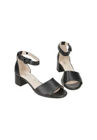 Zwarte leren sandalen met een blokhak, voorzien van een open teen en een verstelbare enkelband met een ronde gesp detail.