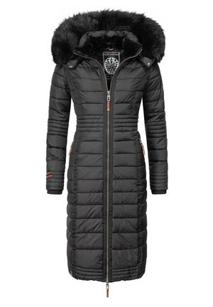 Schwarze, gepolsterte Winterjacke mit einer mit Pelz gefütterten Kapuze, vertikalen Nähten, langen Ärmeln und Reißverschluss. Verfügt über Seitentaschen mit braunen Akzenten.