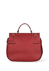 Borsa a mano in pelle rossa con superficie testurizzata, doppi manici e hardware in tonalità oro. Presenta una tracolla regolabile e lati piatti.