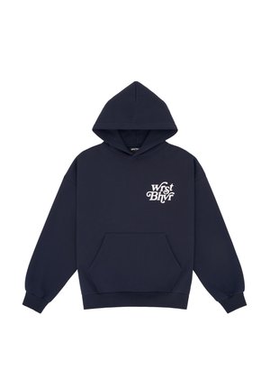 Donkerblauwe hoodie met capuchon, kangoeroezak en wit gestileerd "Wrst Bhvr"-logo op de linkerborst.