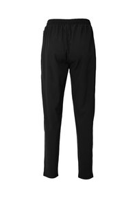 Sorte træningsbukser lavet af letvægtsstof med elastisk talje, tapered ben design og uden synlige lommer eller dekorationer.