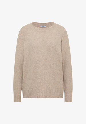 Suéter de punto beige con cuello redondo, mangas largas y puños de canalé. Presenta una textura suave y un corte relajado.