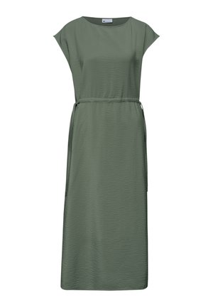 Olivgrünes Midikleid mit kurzen Ärmeln, Rundhalsausschnitt und verstellbarem Taillengürtel aus strukturiertem Stoff.