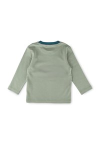 Light green long-sleeve toddler shirt with dark green round neckline, displayed flat from the back on a white background.