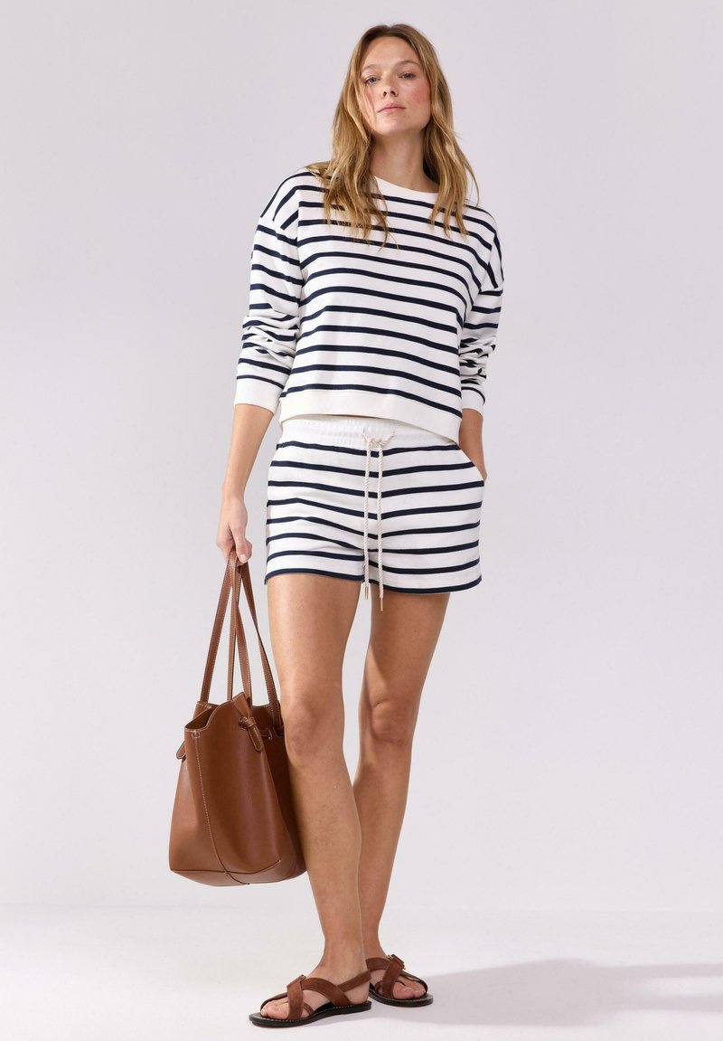 Pruhovaný svetr a šortky v bílé a námořnické barvě, s páskem na stažení v pase. Hnědá kožená taška a hnědé sandály dotvářejí vzhled.