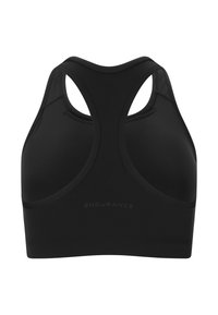 Mustat urheilutoppi, joka on valmistettu sileästä ja joustavasta materiaalista. Siinä on urheilija-back-malli ja huomaamaton "ENDURANCE" logo takana.