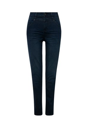 Dunkelblaue Denim-Jeans mit schmaler Passform, fünf Taschen und Knopfverschluss. Glatte Textur mit subtilen Stickdetails.