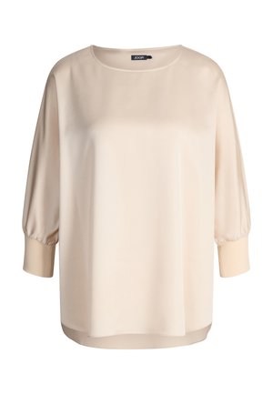 Beige Bluse mit glattem Satinfinish, Rundhalsausschnitt und Ballonärmeln. Verfügt über eine lockere Passform und Bündchen an den Ärmeln.