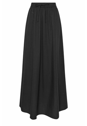 Czarna, długa do podłogi spódnica z elastycznym pasem i sznurkiem, charakteryzująca się luźnym i zwiewnym krojem.