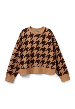Bruin en beige houndstooth-patroon lange mouwen sweatshirt met geribbelde manchetten, zoom en ronde hals, plat gelegd op een witte achtergrond.