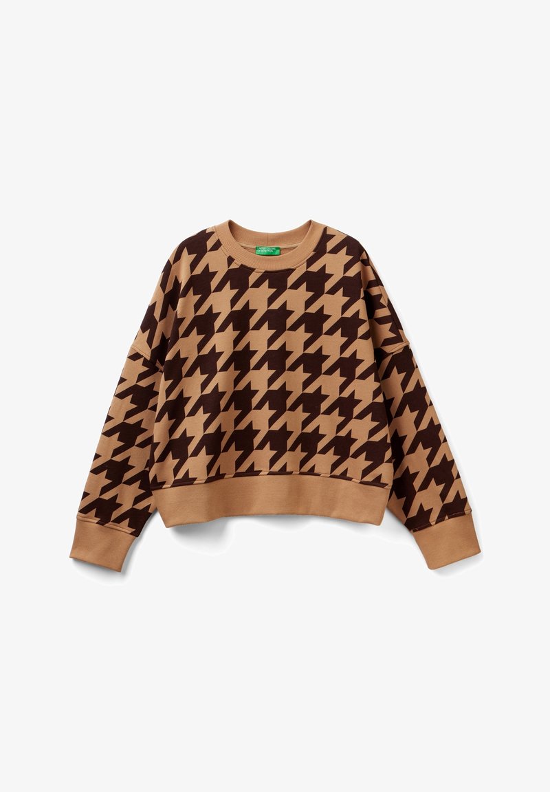 Sudadera de manga larga con patrón de pata de gallo en tonos marrón y beige, con puños, dobladillo y cuello redondo acanalados, colocada plana sobre fondo blanco.