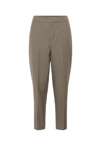 Bruine en beige geruite broek met een taps toelopend ontwerp, enkel lengte, gladde textuur en een aansluitende tailleband. Geen zichtbare sluitingen.