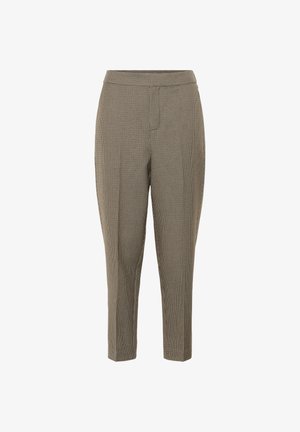Brown and beige checkered trousers with a tapered design, ankle length, smooth texture, and a fitted waistband. No visible fastenings.