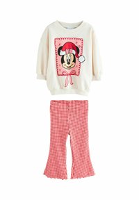 Maglione di cotone con grafica di Minnie Mouse in rosso e bianco, abbinato a pantaloni a zampa di elefante in vichy rosso. Tessuto morbido, design casual.