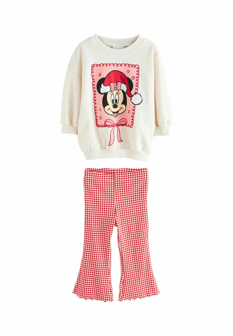Maglione di cotone con grafica di Minnie Mouse in rosso e bianco, abbinato a pantaloni a zampa di elefante in vichy rosso. Tessuto morbido, design casual.