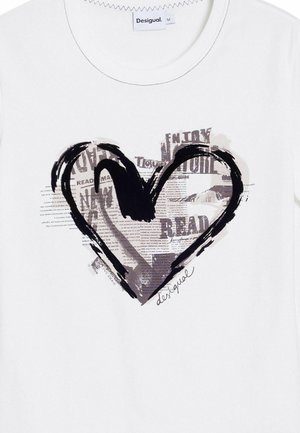 White T-shirt with a black heart graphic. The heart features layered text and brushstroke designs. Label: Desigual, size M.