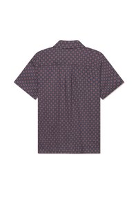 Short-sleeve shirt in navy blue with a circular pattern in red and beige. Features a classic collar and two back pockets. Lightweight fabric.