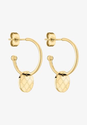 Goldene Creolen-Ohrringe mit einem sanften, geschwungenen Design und runden Anhängern, die mit einem sich wiederholenden Muster geprägt sind. Robuste Metallkonstruktion.