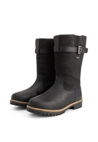 Zwarte laarzen tot aan de knie met een leren bovenwerk met een gestructureerde afwerking, een gespaccent en een duurzame rubberen zool met grip.