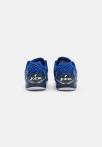 Blue athletic shoes with mesh material, featuring a flexible sole, contrasting black accents, and white rubber detailing on the heel.