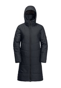 Zwarte pufferjack met capuchon, voorzien van een ritssluiting aan de voorkant, lange mouwen en een geborduurd ontwerp met horizontale stiksels voor isolatie.