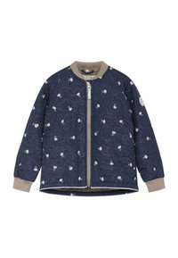Marineblaue gesteppte Jacke mit cremefarbenem Blättermuster, beigem geripptem Kragen und Bündchen, vorne mit Reißverschluss und abgerundetem Saum. Weicher Stoff, leichtes Design.