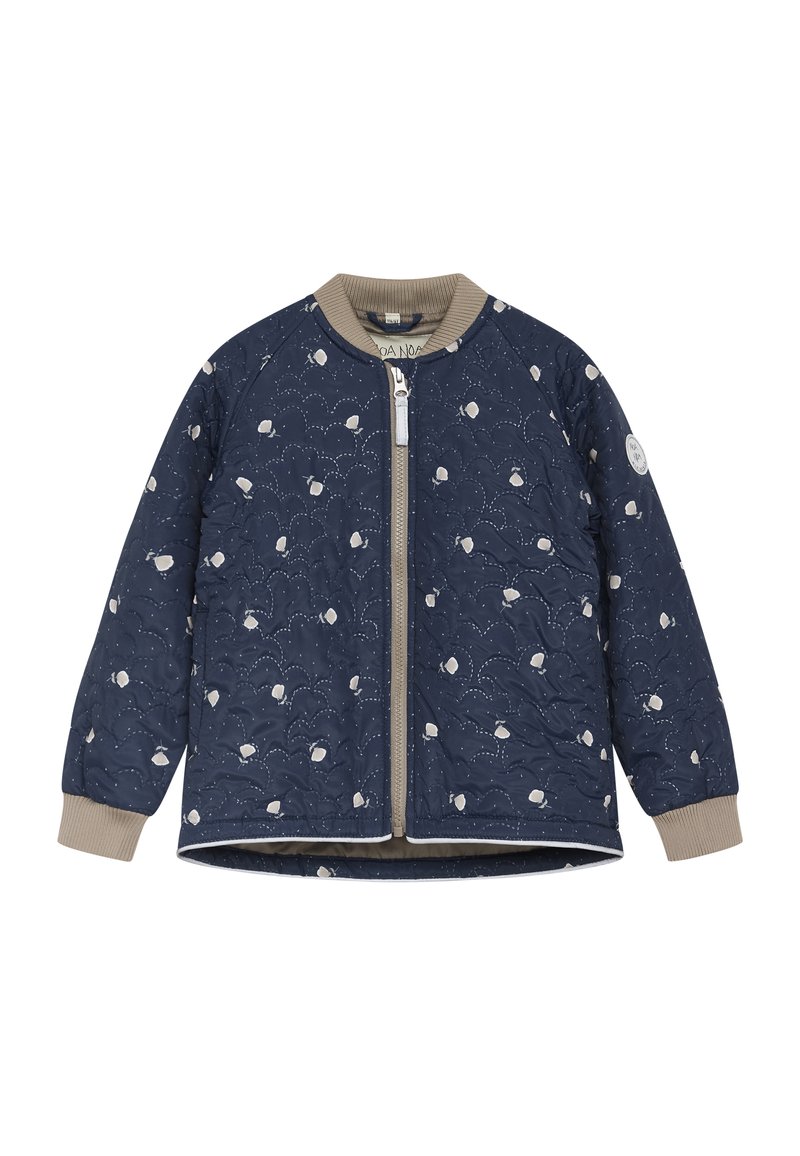Marineblaue gesteppte Jacke mit cremefarbenem Blättermuster, beigem geripptem Kragen und Bündchen, vorne mit Reißverschluss und abgerundetem Saum. Weicher Stoff, leichtes Design.