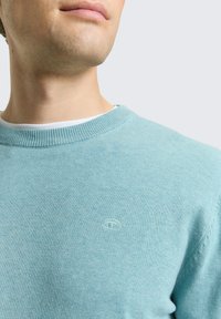 Maglione di colore azzurro chiaro in maglia con collo a coste rotondo. Presenta un piccolo logo al centro, con una texture liscia e una vestibilità classica.