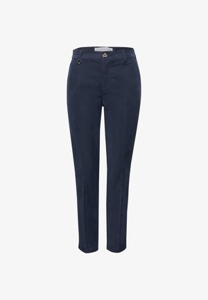 Mørkeblå slimfit bukser med knap- og lynlåslukning, bæltestropper og en lille metalringdetalje foran på venstre talje.