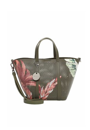 Alyvuogių žalia perforuota pirkinių rankinė su dviem rankenomis, nuimamu peties dirželiu ir dideliais rožiniais bei baltais lapų raštais šonuose.