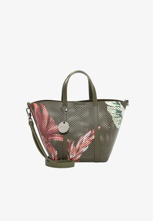 Olivgrüne, perforierte Tragetasche mit doppelten Griffen, abnehmbarem Schulterriemen und großen rosa-weißen Blattmustern an den Seiten.