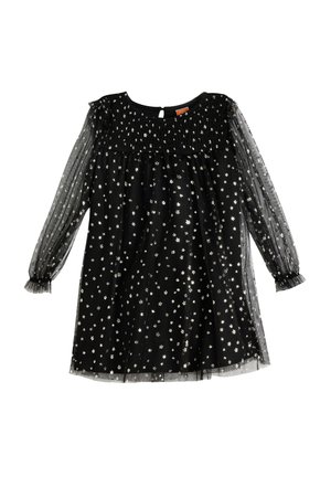 Robe noire avec des manches longues transparentes. Dispose d'un buste smocké et d'embellissements floraux argentés éparpillés. Manches à volants aux extrémités.