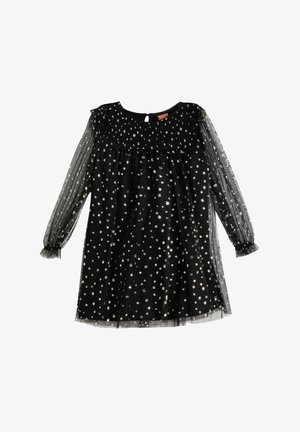 Schwarzes Kleid mit durchsichtigen, langen Ärmeln. Verfügt über ein gerüschtes Oberteil und verstreute silberne Blumenapplikationen. Rüschenabschlüsse an den Ärmelsäumen.