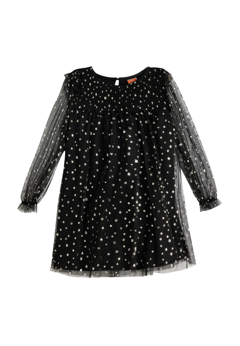 Abito nero con maniche lunghe trasparenti. Presenta un corpetto arricciato e decorazioni floreali argentee sparse. Polsini arricciati agli orli delle maniche.