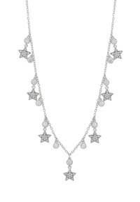 Colier argintiu cu pandantive în formă de stea și cerc cu accente strălucitoare, aranjate pe un lanț delicat.