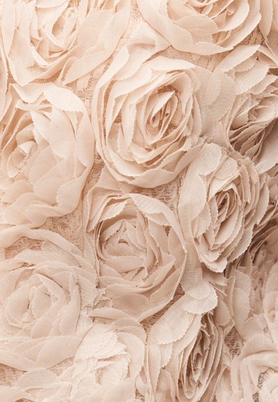 Υφασμα με ανάγλυφα, τρισδιάστατα υφασμάτινα τριαντάφυλλα σε απαλό μπεζ χρώμα. Διαθέτει στρωμένα, απαλής υφής πέταλα που δημιουργούν ένα ανθικό μοτίβο.