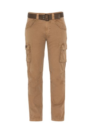 Pantaloni cargo kaki a gamba dritta, con due tasche laterali, una cintura in nylon marrone e un tessuto di cotone resistente.