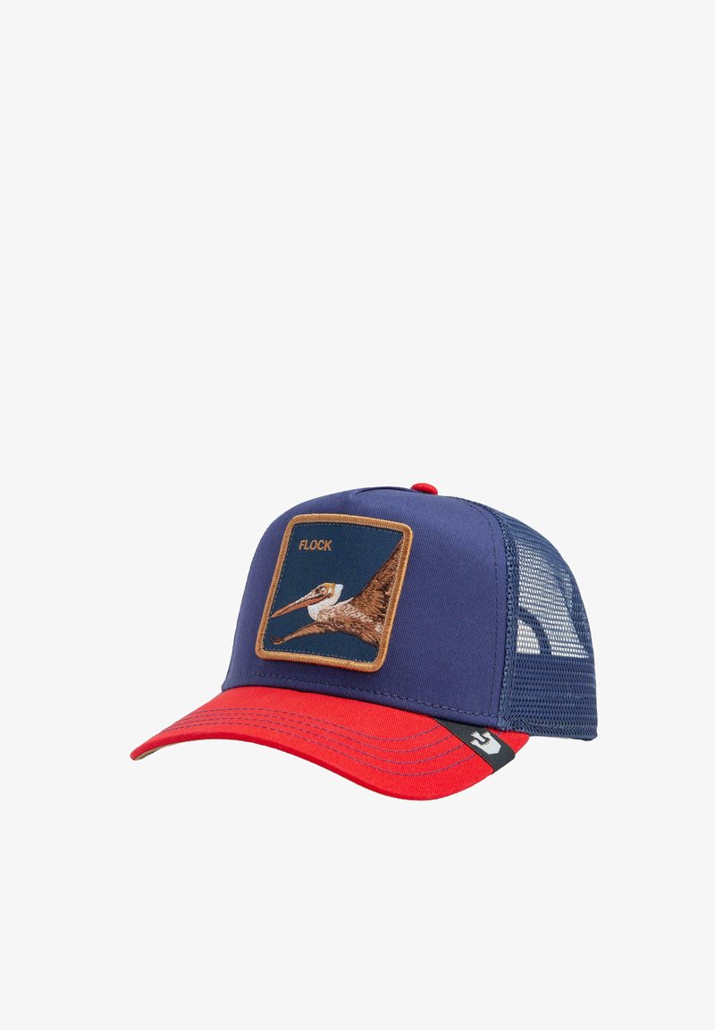 Navy blue and red trucker cap with a rectangular embroidered patch depicting a bird and the word "FLOCK," featuring mesh back for breathability.