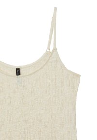 Canotta leggera beige chiaro con un tessuto testurizzato e increspato. Presenta spalline sottili e un collo rotondo. Etichetta visibile vicino al centro.