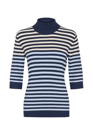 Navy and light blue striped turtleneck sweater with short sleeves. Made of ribbed knit fabric, featuring a close-fitting collar.