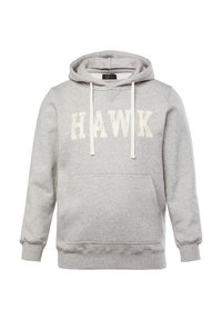 Felpa grigia realizzata in tessuto misto cotone, con tasca frontale, cappuccio regolabile e la scritta "HAWK" in lettere bianche logorate.