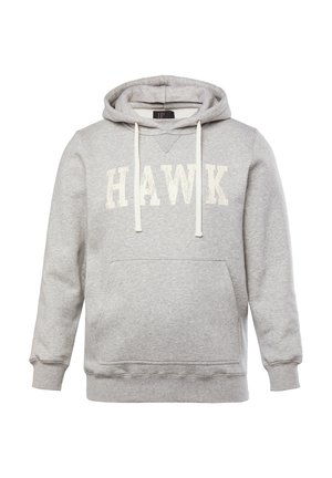 Šedá mikina z bavlněné směsi s přední kapsou, kapucí na šňůrky a nápisem "HAWK" ve zdrsnělých bílých písmenech.