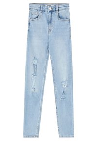 Jeans ajustados de tiro alto en azul claro, con detalles desgastados y dobladillos deshilachados. Hechos de denim, con bolsillos frontales y cierre de botón.