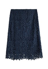 Marineblå blonde nederdel med detaljerede bladmønstre, bølget kant og en tekstureret overflade. Elastisk talje for komfort og pasform.