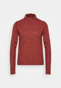 Pull col roulé pour femme à manches longues, couleur rouge rouille, avec poignets et ourlet côtelés, présenté sur un fond blanc uni.