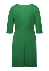 Grünes knielanges Kleid mit glatter Textur, Rundhalsausschnitt und Dreiviertelärmeln. Reißverschluss hinten und subtile Nahtdetails.