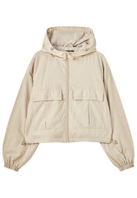 Chaqueta cortada beige con capucha, cremallera frontal, dos grandes bolsillos en el pecho, puños elásticos y dobladillo con cordón. Tejido suave y ligero.