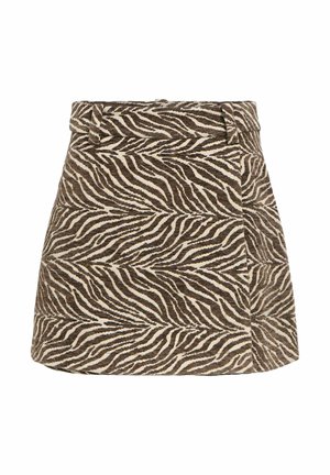 Mini spódnica w kształcie litery A z brązowo-beżowym wzorem zebry i szlufkami na pasku w talii.
